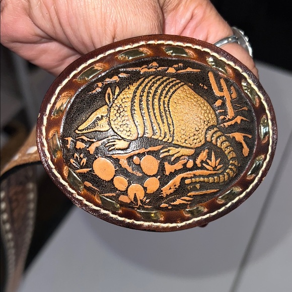 Ranch Pal Brown and Tan Tooled Leather Belt  size 38 armadillo, buckle - Picture 12 of 12